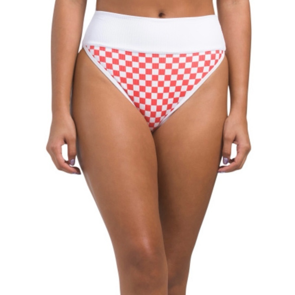 NEW BEACH RIOT Emmy High-Waisted Bikini Bottoms in Red Checkered